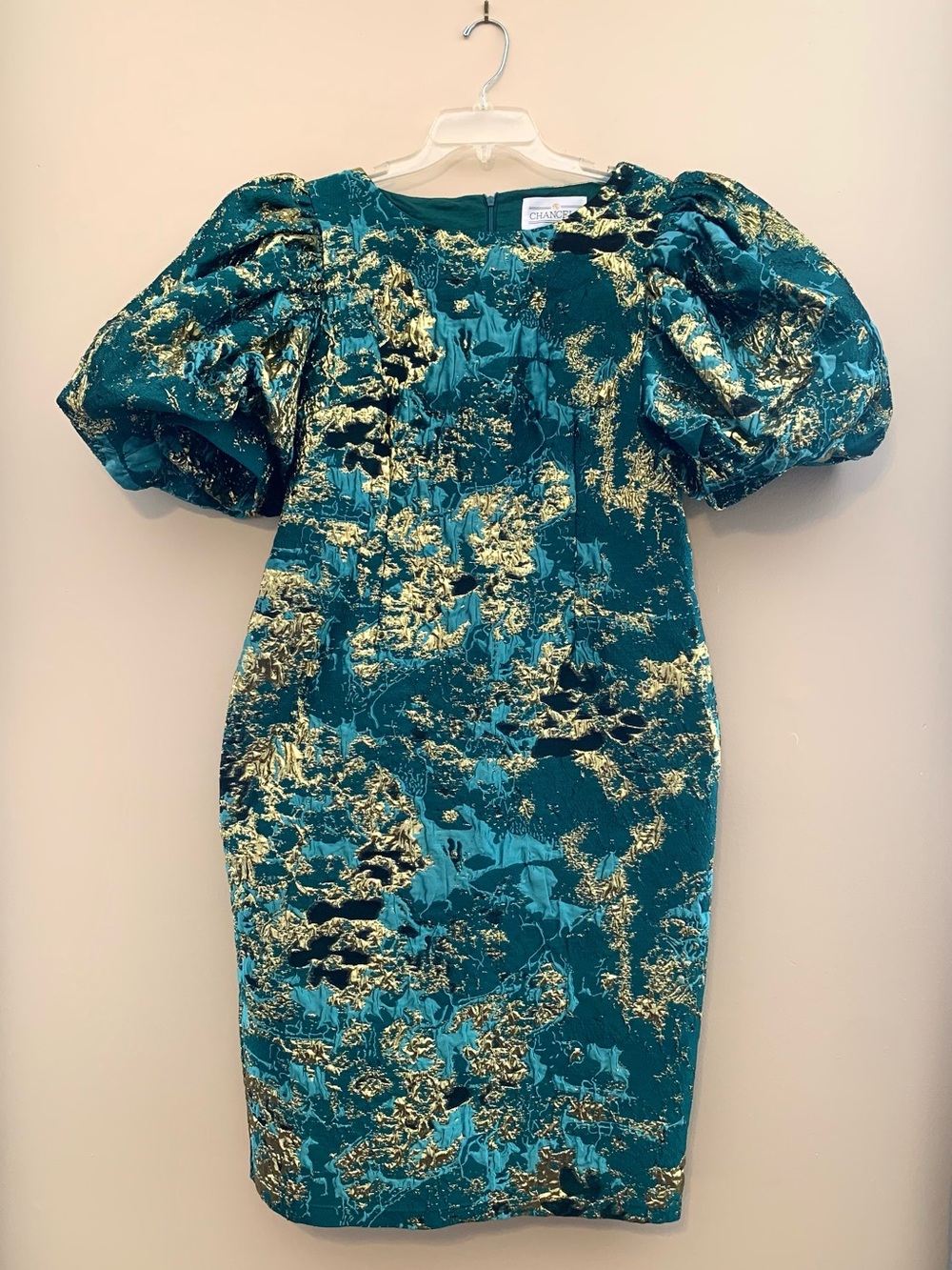 CHANCELE Jacquard teal and gold midi tailored dress with statement puff sleeves